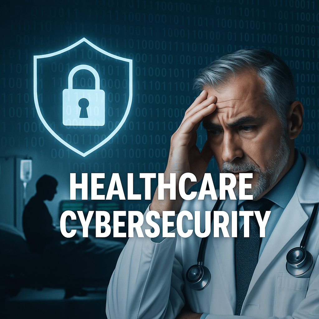 A worried doctor stands in front of a digital lock and shield icon, symbolizing healthcare cybersecurity risks, patient data protection, and medical IT vulnerabilities.