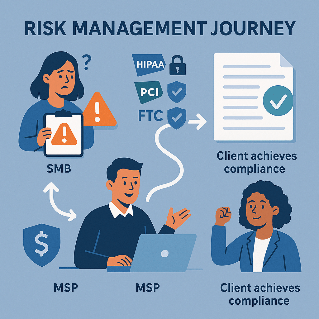 Infographic showing the risk management journey of SMBs guided by Managed Service Providers (MSPs) toward HIPAA, PCI, and FTC compliance.