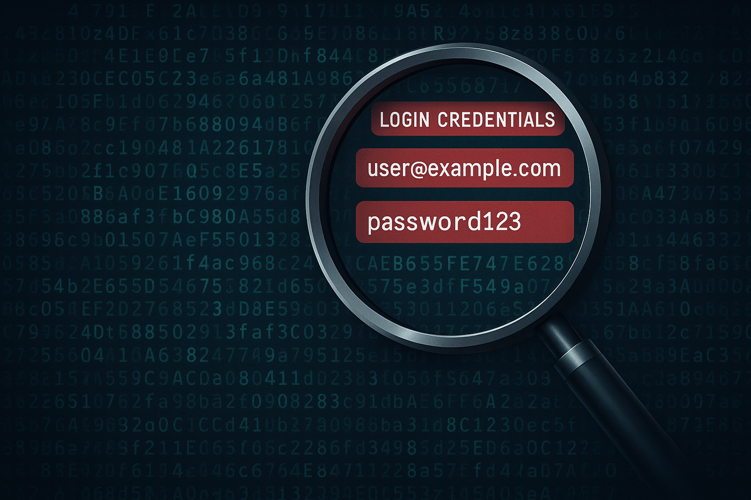 Magnifying glass highlighting leaked login credentials in red over dark web code, symbolizing cyber insurance coverage risk detection and threat intelligence.