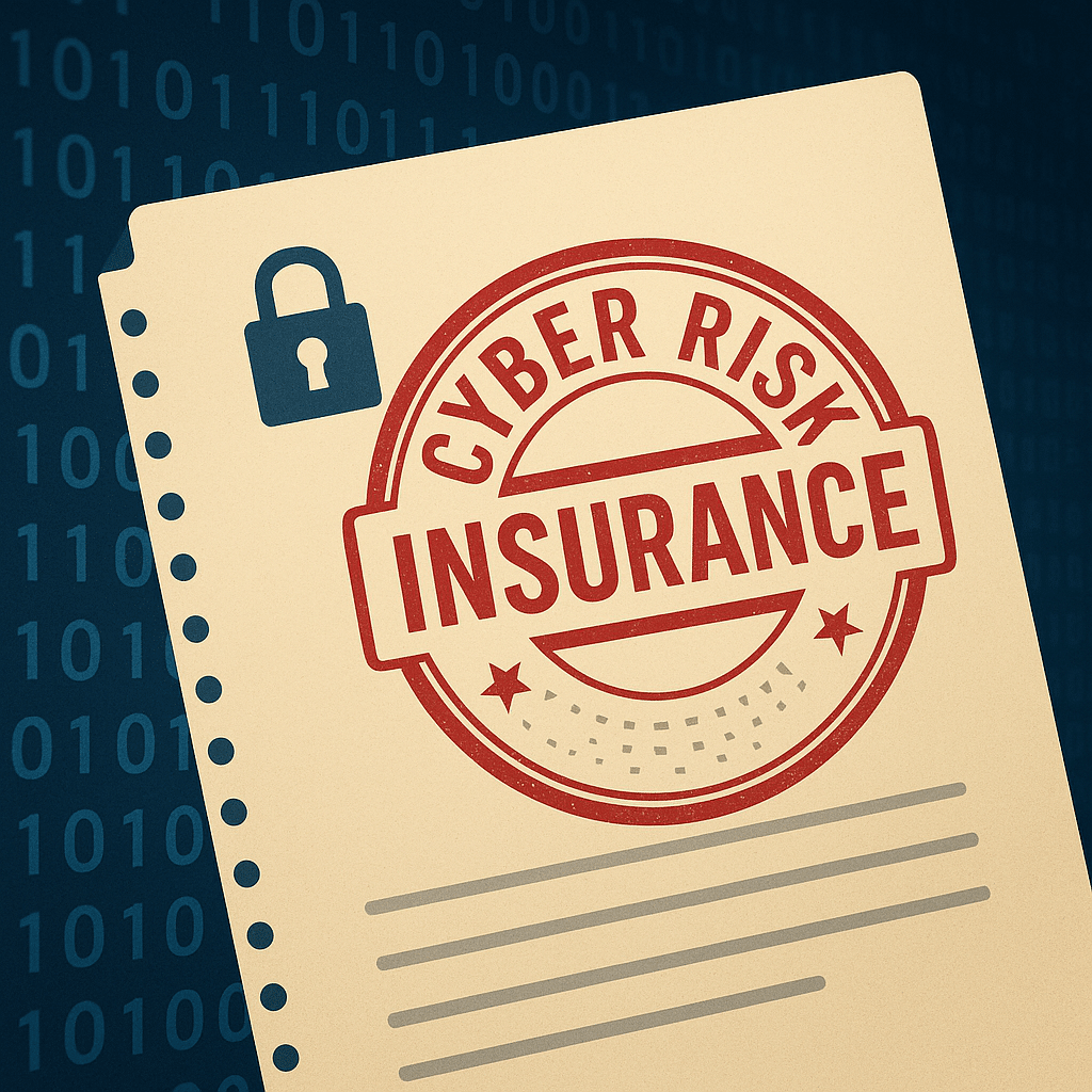 A secure cyber risk insurance policy document with a red official stamp, set against a binary code background representing cybersecurity. Used in articl about Aon's 2025 Global Cyber Risk Report