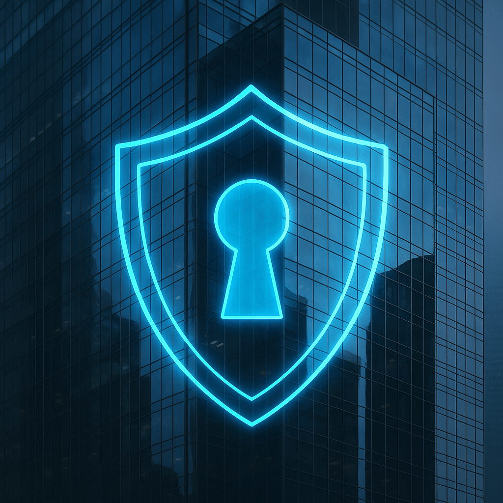 Digital shield overlaying modern glass office tower representing cyber insurance policy protection for corporate entities