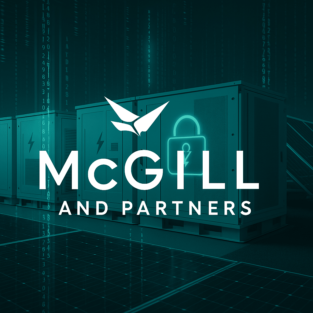 Cybersecurity insurance concept for battery energy storage systems, showing BESS facility with McGill and Partners logo and digital cyber risk protection overlay