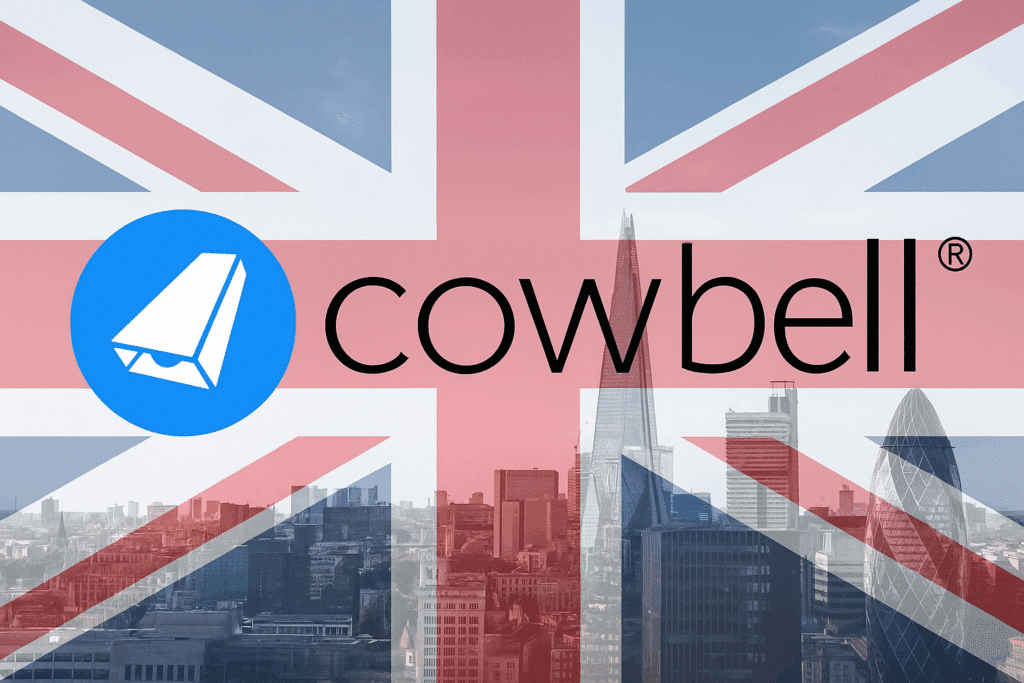 Cowbell logo superimposed on UK flag with London skyline in background, illustrating growth in UK cyber insurance market.