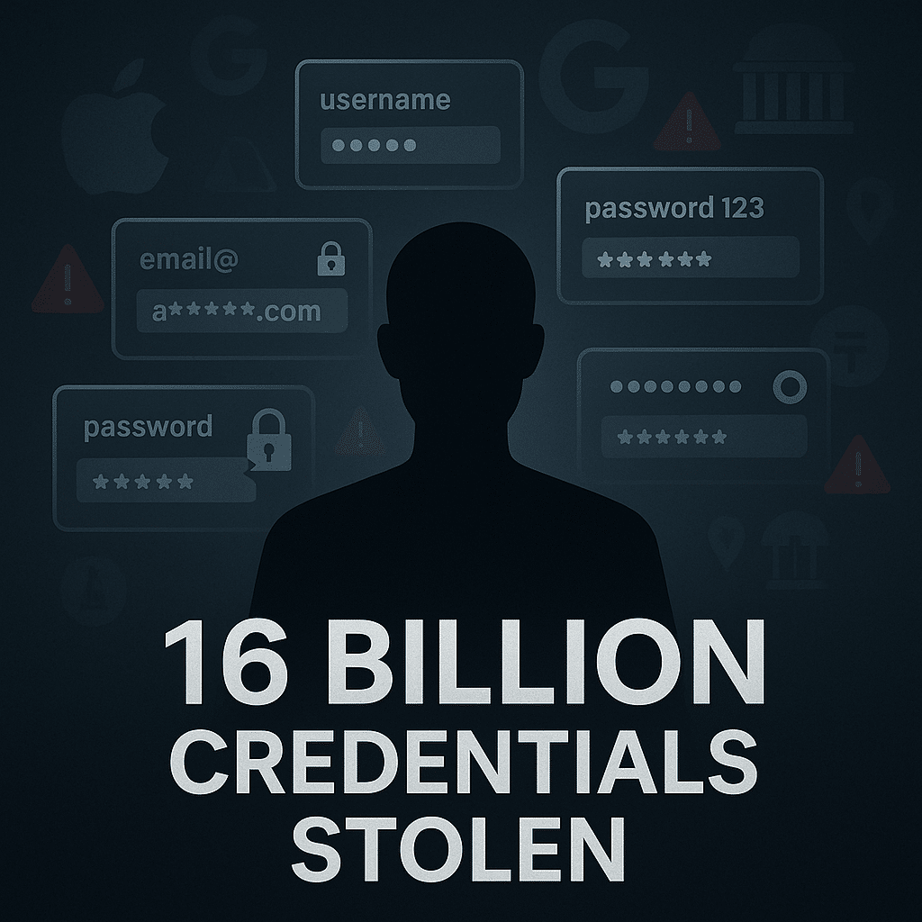 Infostealers: silhouette with digital screens showing 16 billion credentials stolen by infostealers from major platforms and government services.