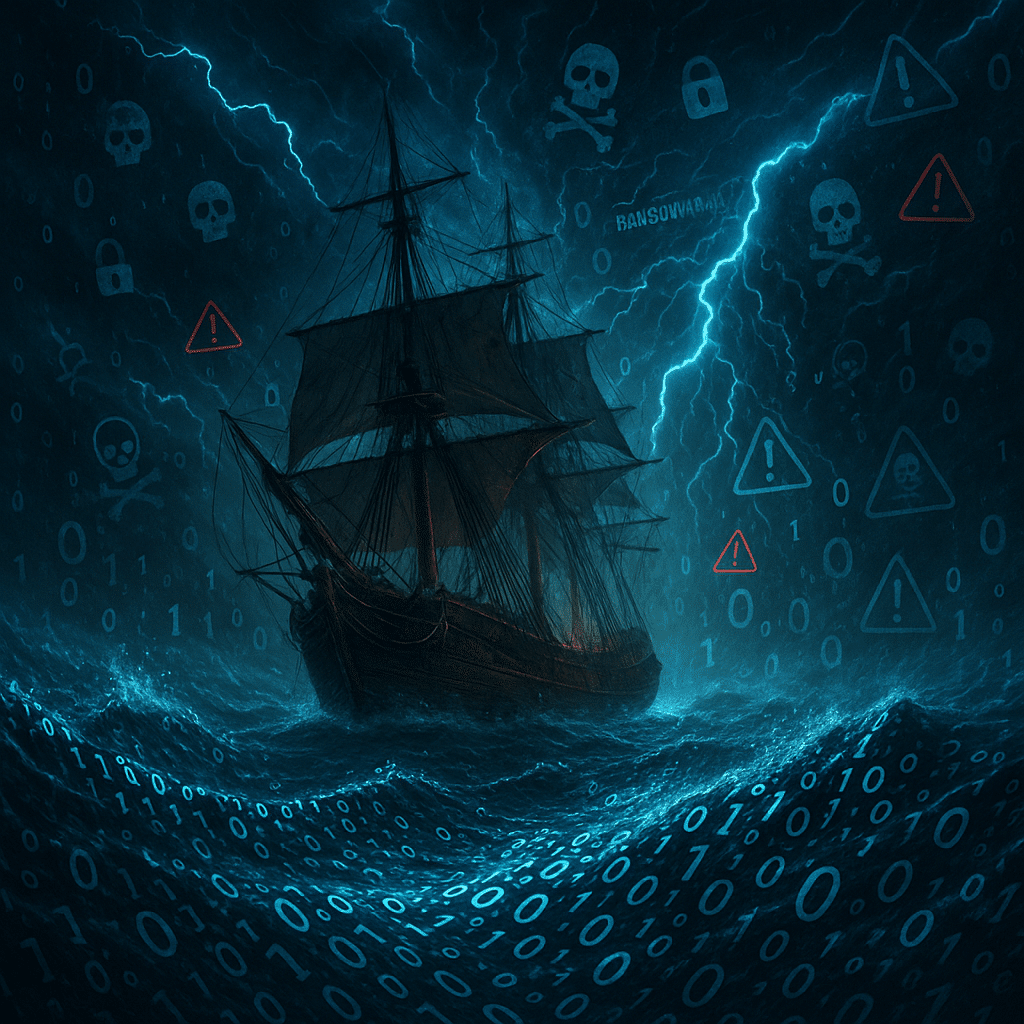Old wooden merchant ship sailing through digital storm of binary code and cyber threat icons, symbolizing cyber insurance.