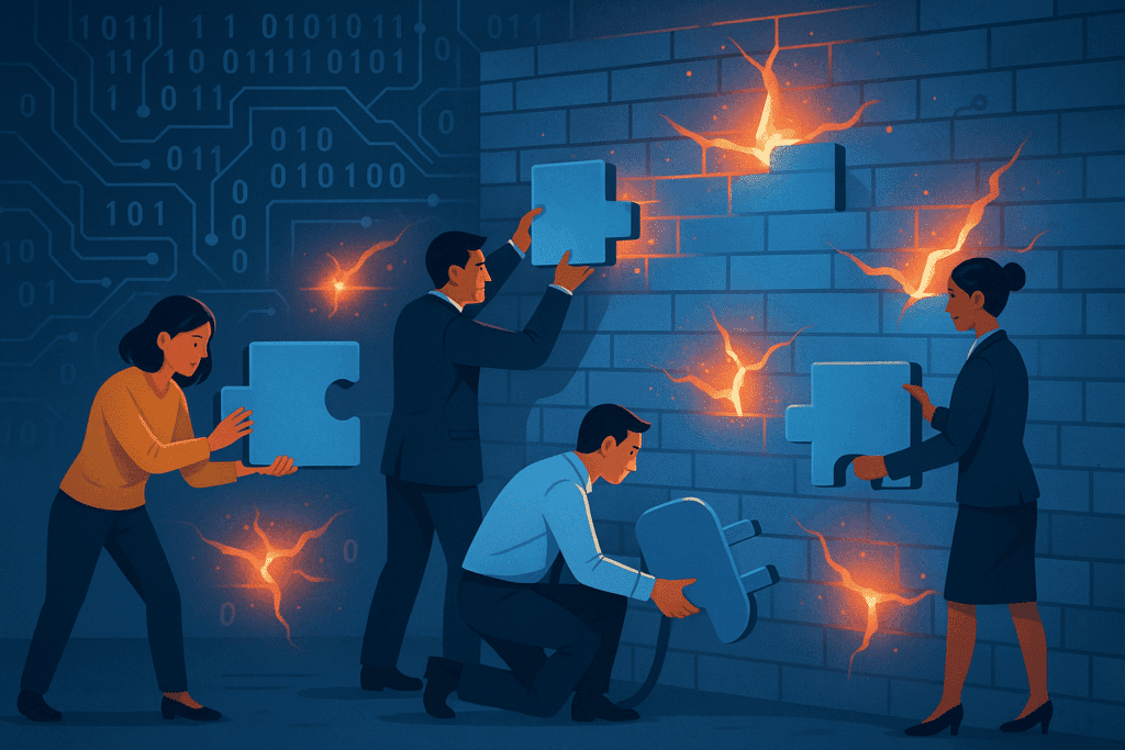 Incident response team plugging holes in a digital wall, cyber insurance breach response illustration.