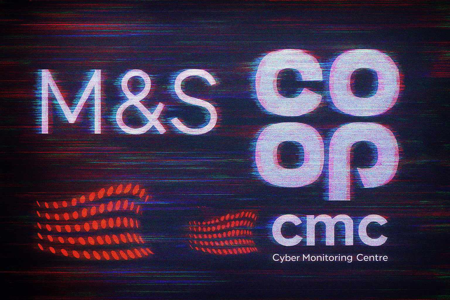 Glitch effect digital image showing Marks & Spencer (M&S), Co-op, and Cyber Monitoring Centre (CMC) logos, representing the CMC ransomware attack report and estimated £440 million  in losses as a result of the retail cyberattack .
