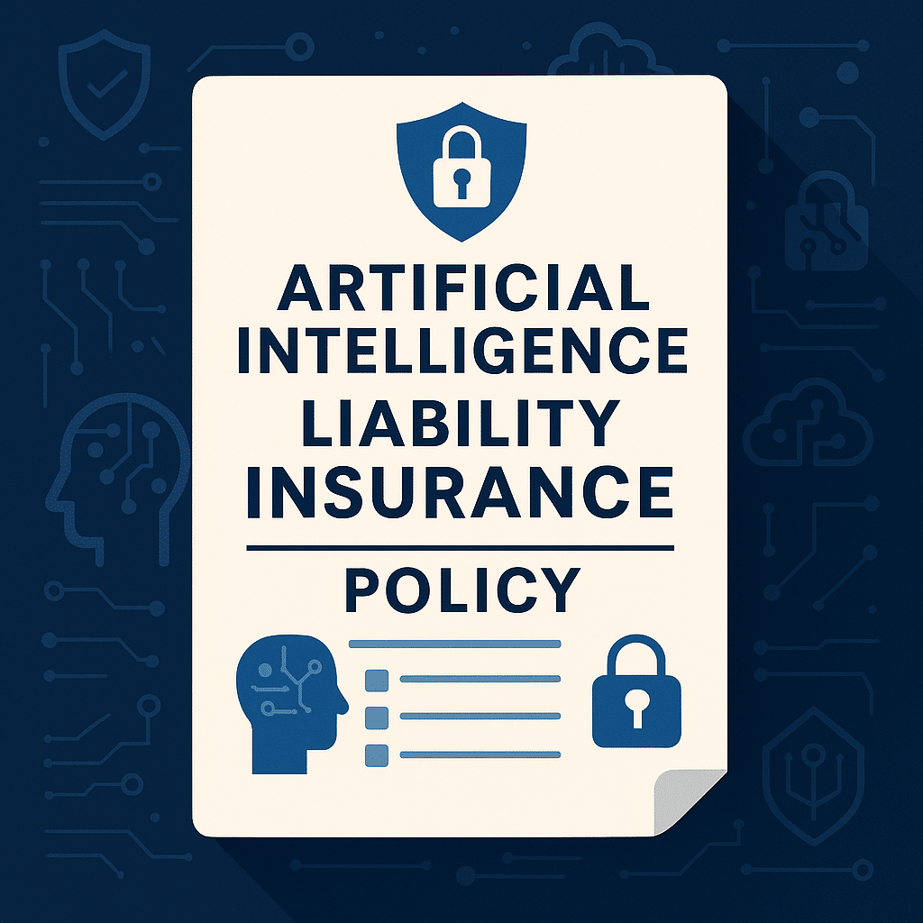 Artificial Intelligence Liability Insurance Policy document with shield and padlock icons, representing AI insurance coverage and cybersecurity themes.