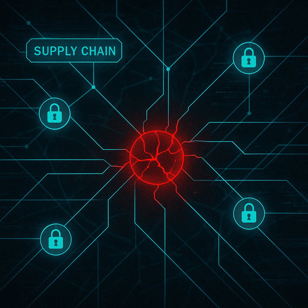 Glowing digital supply chain cybersecurity network with breached central node and interconnected vendor risks, illustrating 2025 supply chain cyber risks and systemic vulnerabilities.