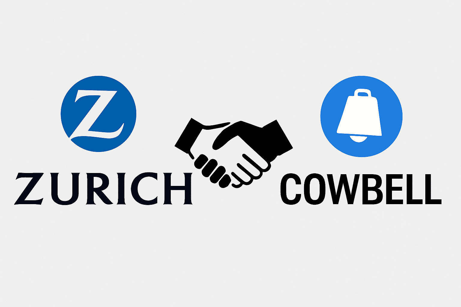 Zurich and Cowbell partnership graphic featuring logos, handshake icon, and Cowbell’s cyber insurance branding, symbolizing SME coverage expansion and digital insurance collaboration.