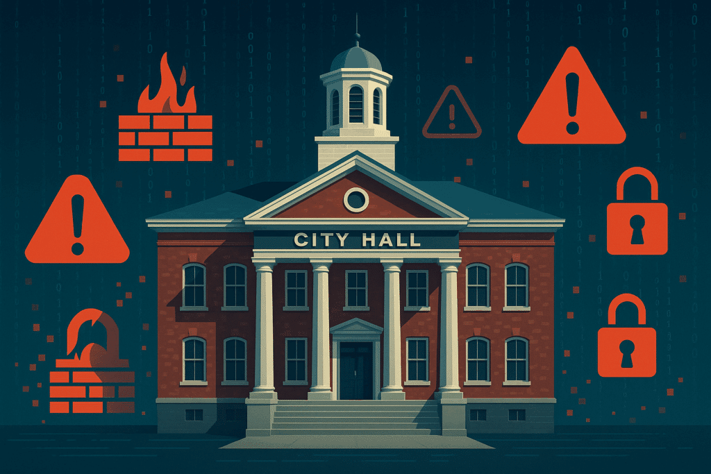 Illustration of a small town city hall under cyberattack, surrounded by digital icons like firewalls, padlocks, and warning symbols, representing local government cybersecurity threats and DDoS attacks.