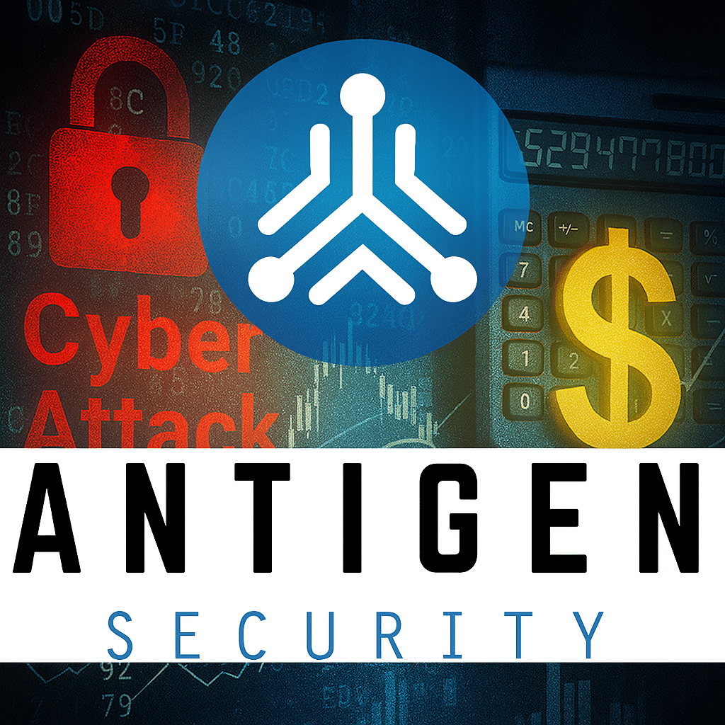 Antigen Security logo overlaid with visuals of Microsoft security tools, cyber attack warnings, and financial icons symbolizing cyber insurance savings.