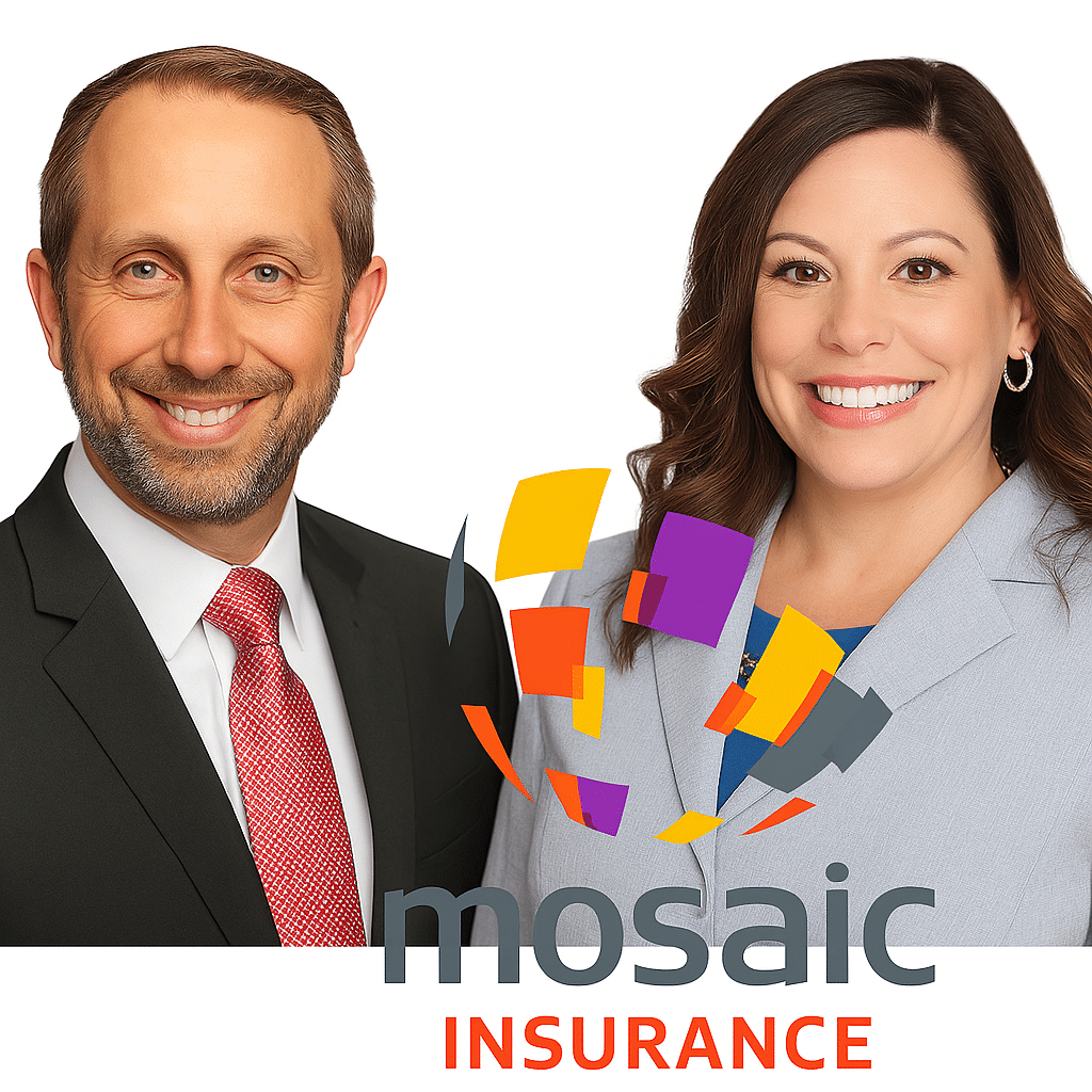 Mosaic Insurance leadership team featuring Brian Bonkoski and Yosha DeLong, with the Mosaic Insurance logo prominently displayed in the center.