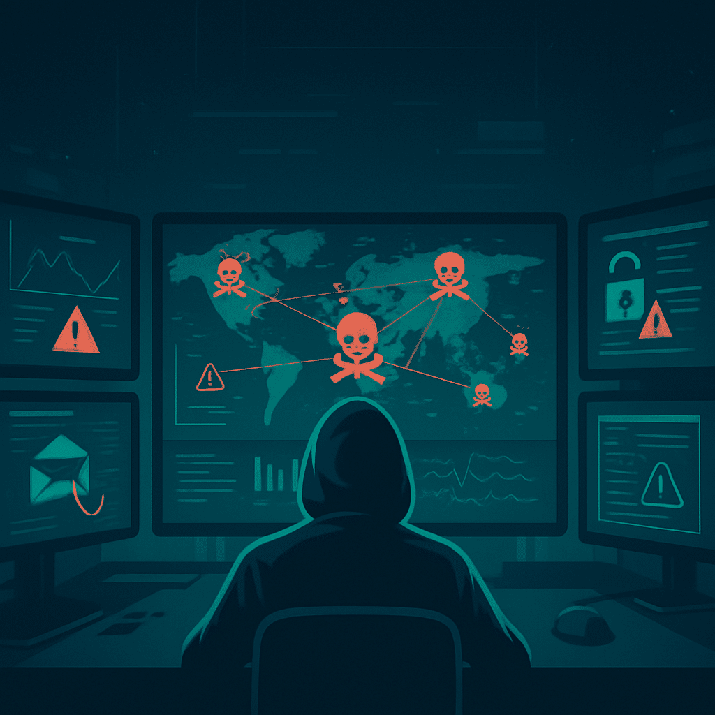 Image of hacker monitoring global cybercrime trends on multiple computer screens showing threat maps, phishing alerts, and security warnings.