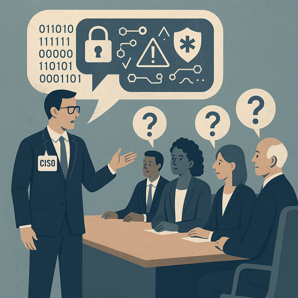 Illustration of a CISO delivering a cybersecurity presentation in a boardroom, with complex jargon and symbols like binary code, padlocks, and warning icons confusing the executive audience, highlighting the need for AXA XL cybersecurity communications training.