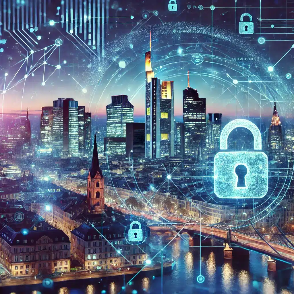 Abstract digital artwork of the Frankfurt skyline at dusk, featuring glowing lock icons, network lines, and a translucent data grid in blue and violet hues. The scene blends futuristic cyber technology elements with modern architecture, visually representing concepts like cybersecurity and cyber insurance in an urban setting.