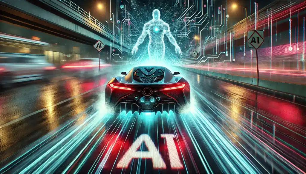 A futuristic sports car, sleek and angular, speeds recklessly down a high-tech highway lined with glowing digital lanes. The car visibly lacks brakes, intensifying the sense of danger of failed AI cybersecurity. In its path is a large, abstract, glowing holographic barrier, radiating intense light. The word “AI” appears prominently throughout the scene—on illuminated signs, painted onto the lane, and subtly integrated into the highway’s digital infrastructure representing AI cyber threats. The environment is dark and industrial with a cyberpunk aesthetic, featuring neon accents, dramatic lighting, and rain-slick, reflective surfaces. Motion blur emphasizes the vehicle’s reckless speed, and vivid, high-contrast colors heighten the tension and urgency.