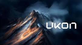 Stylized mountain peak illuminated with dramatic lighting under a stormy sky, with the futuristic word "UKON" displayed prominently in bold white font. It's the Ukon cyber insurance logo