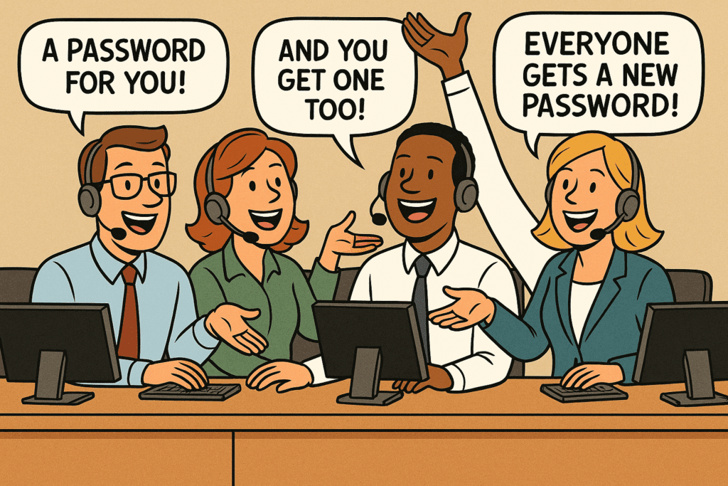 Cartoon-style illustration of help desk employees enthusiastically handing out new passwords, symbolizing the dangers of cyberattacks social engineering in cybersecurity, with speech bubbles saying “A password for you!” and “Everyone gets a new password!”