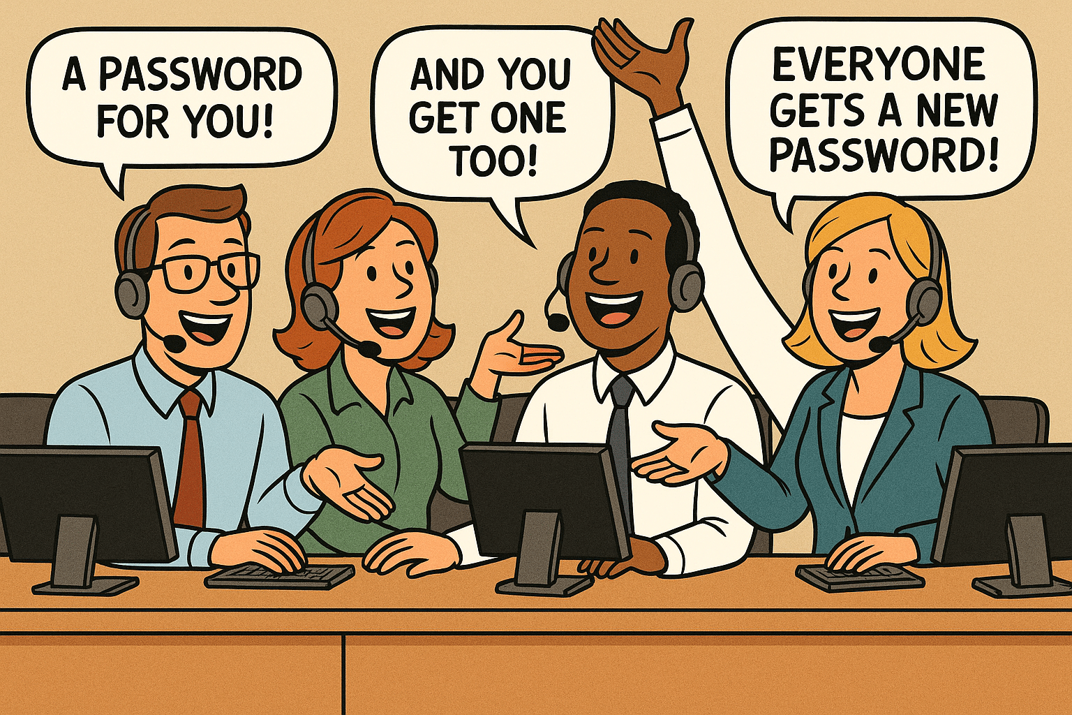 Cartoon-style illustration of help desk employees enthusiastically handing out new passwords, symbolizing the dangers of cyberattacks social engineering in cybersecurity, with speech bubbles saying “A password for you!” and “Everyone gets a new password!”