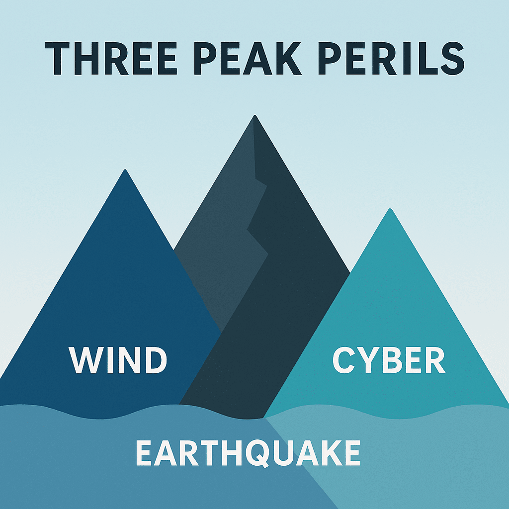 "Infographic titled 'Three Peak Perils' featuring three mountain peaks labeled Wind, Earthquake, and Cyber, illustrating the rising significance of cyber cat bonds as a new catastrophic risk alongside traditional natural disasters."