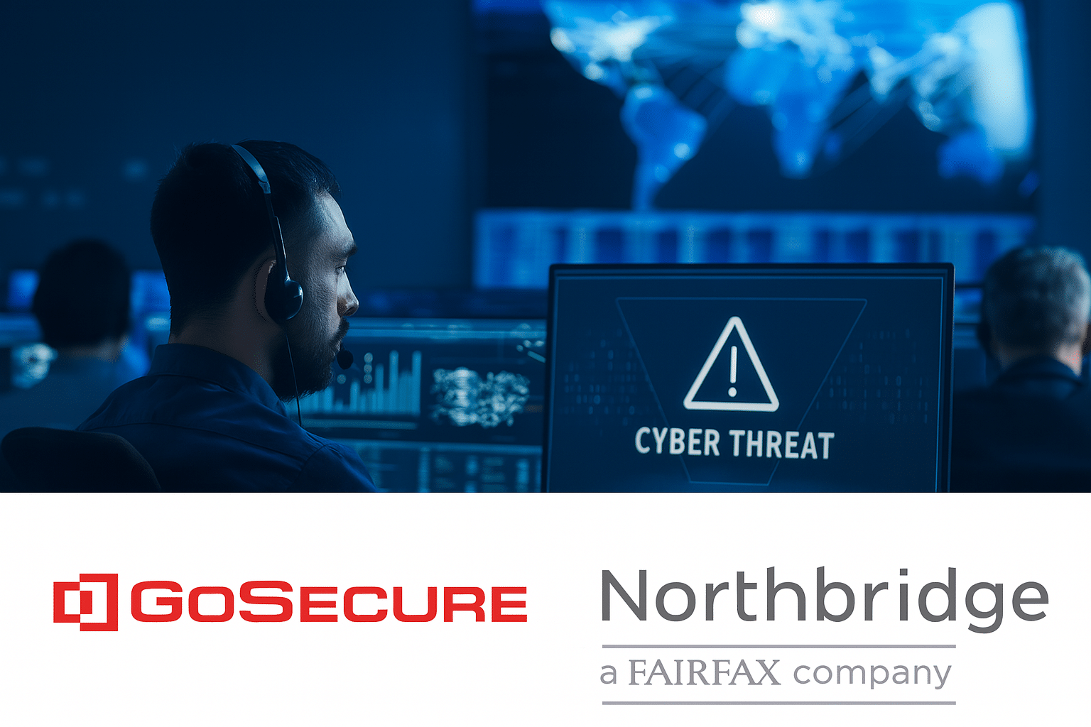 GoSecure cybersecurity analyst monitors cyber threat alerts in a 24/7 incident response center, with GoSecure and Northbridge logos displayed, supporting proactive cyber incident management and insurance-backed response.