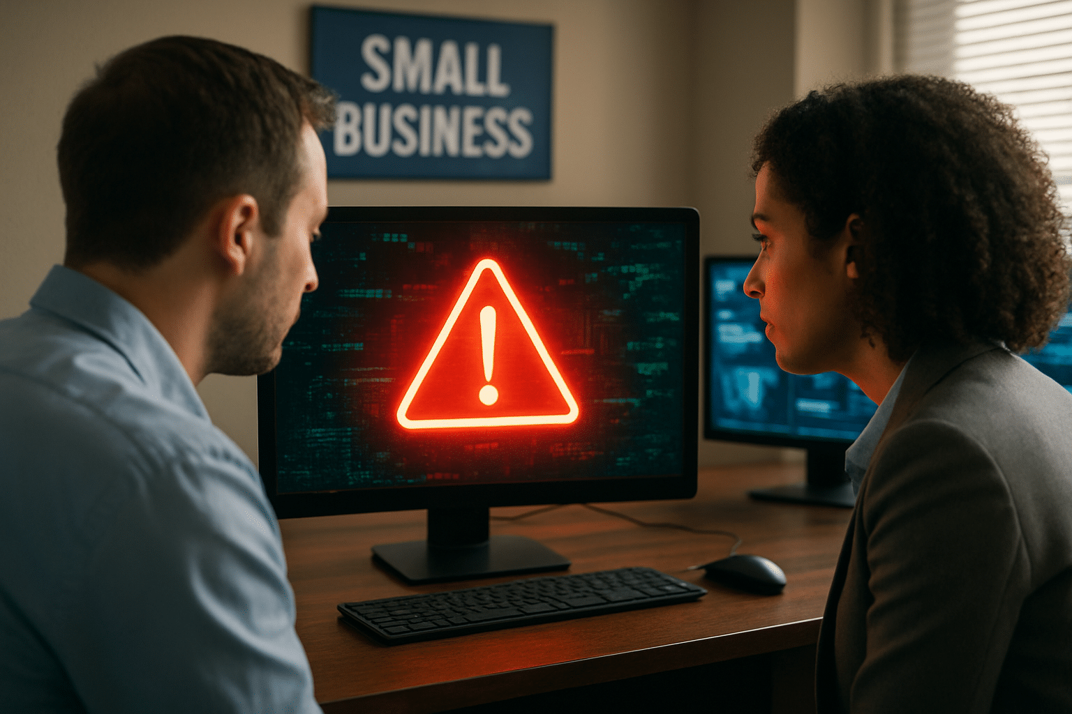Two small business professionals monitor a cyber threat warning on a desktop screen, illustrating the need to combat cyber risk for mid-market and small businesses.