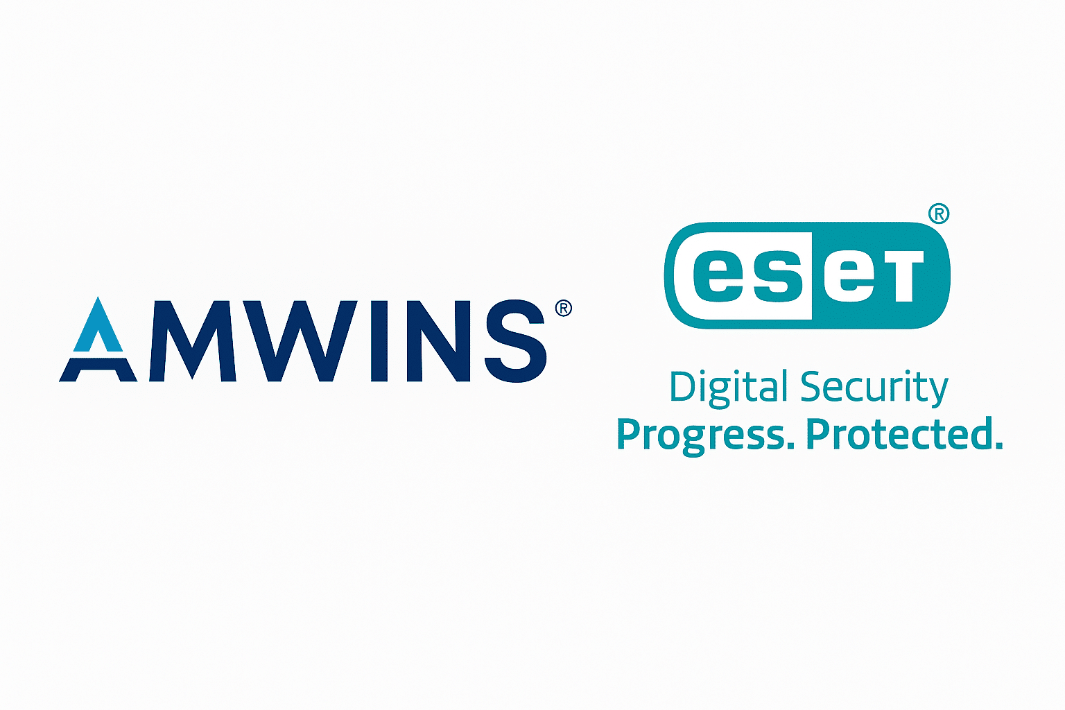 Amwins and ESET logos side by side representing their cyber insurance partnership offering MDR cybersecurity solutions to U.S. businesses.