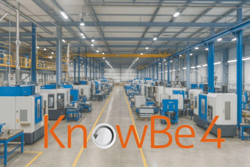 Smart manufacturing factory floor with CNC machines and automation equipment, featuring KnowBe4 logo overlay to highlight manufacturing cybersecurity and human risk management focus.