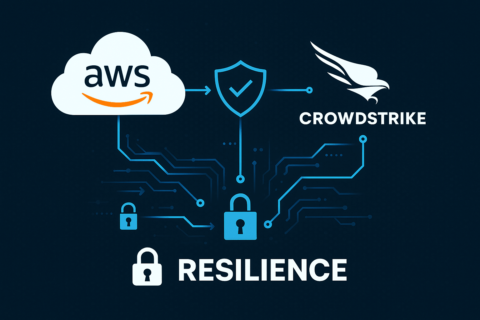 Cloud security integration illustration featuring AWS, CrowdStrike, and Resilience logos linked by secure data flow, shield icons, and lock symbols, representing cyber risk mitigation, cybersecurity, and cyber insurance solutions.