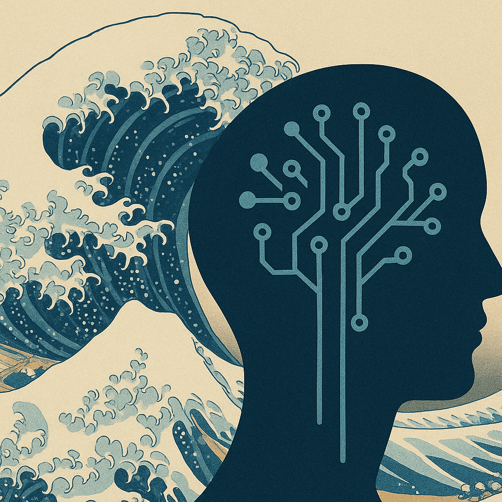 Illustration of a stylized human head silhouette filled with blue circuit board patterns, positioned against a dramatic Japanese-style ocean wave, symbolizing the impact of artificial intelligence. The scene blends traditional art with modern tech imagery, using a blue and beige color palette.