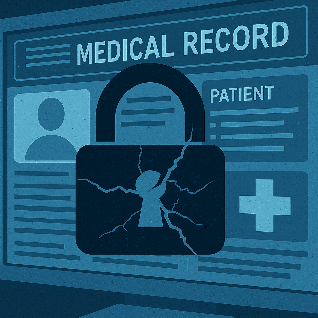 A cracked padlock over an electronic medical record interface, symbolizing healthcare cybersecurity vulnerabilities in small and rural hospitals. A problem made worse by the challenges some have faced getting cyber insurance coverage.