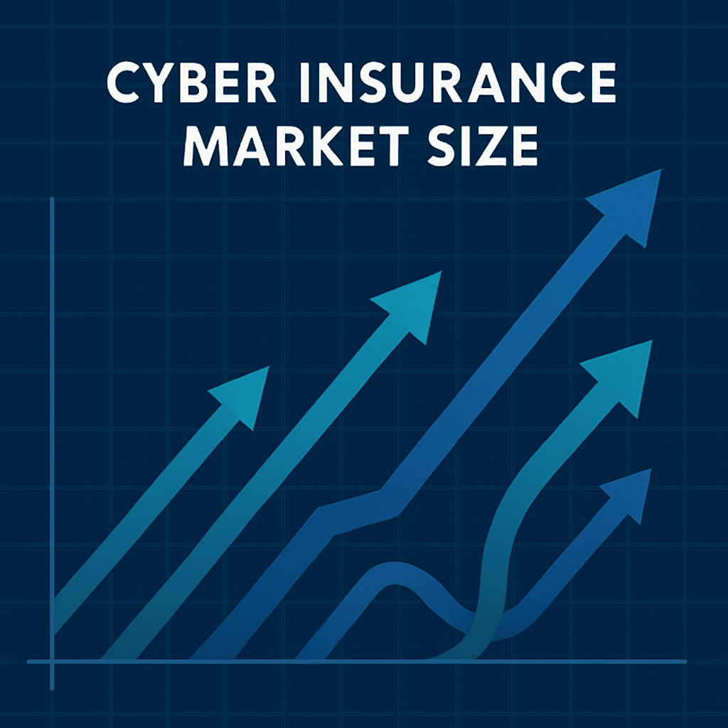 Chart showing diverse growth projections in the cyber insurance market size, with multiple upward arrows and one curved line indicating a temporary decline followed by recovery, on a blue grid background.