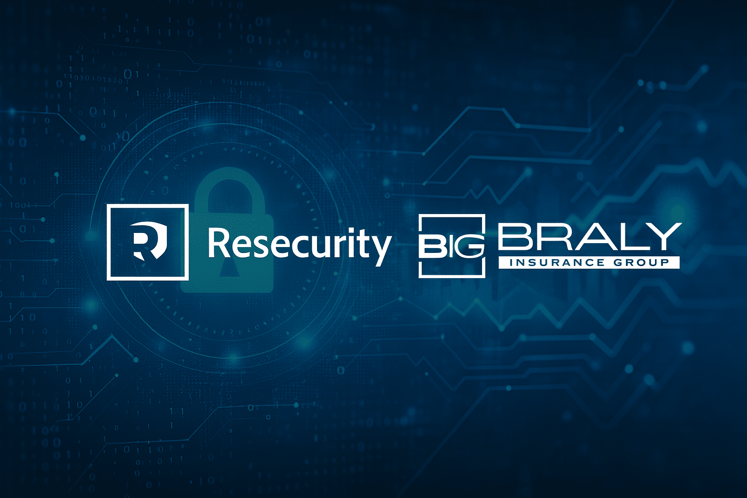 Logos of Resecurity and Braly Insurance Group displayed over a digital cybersecurity-themed background featuring a padlock, binary code, and circuit lines, symbolizing their strategic partnership in advancing cyber insurance and risk management.