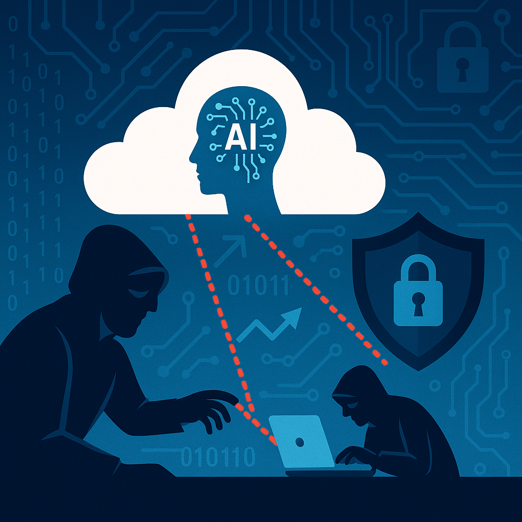 Illustration of (AI)-focused cyber insurance concept showing hackers attempting LLMjacking on a cloud-based AI model, emphasizing cybersecurity threats and protection measures.