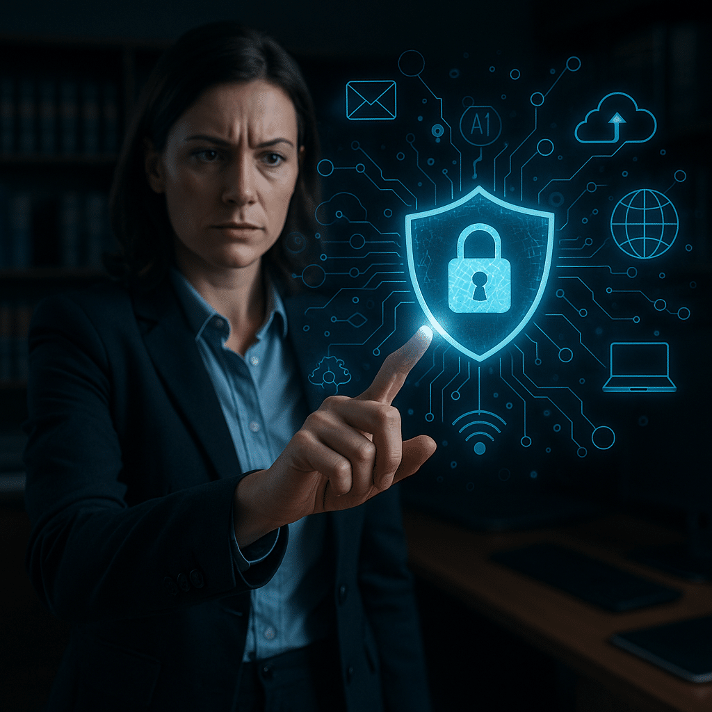 Professional woman lawyer in a dark office interacting with a glowing cybersecurity interface, featuring a digital shield and padlock symbol surrounded by swirling AI, cloud, and network icons—symbolizing law firm cybersecurity, AI risk management, and defense against threats like LLMjacking, data breaches, and professional liability.