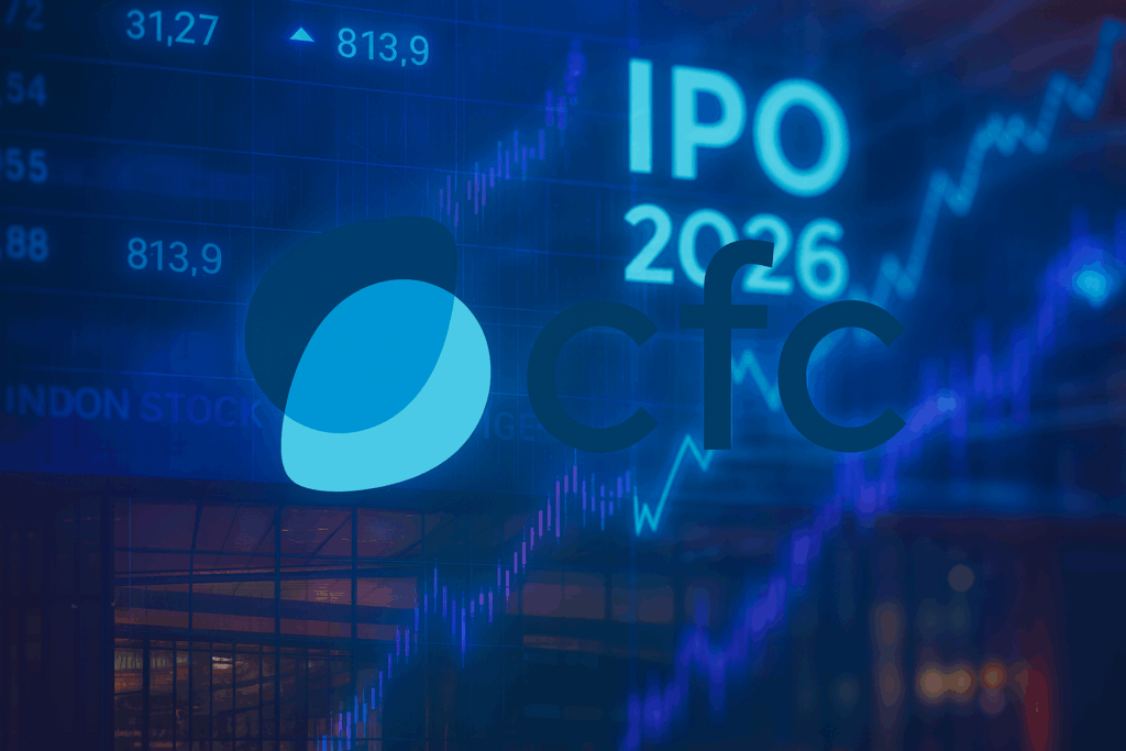 CFC logo superimposed over a digital stock ticker background with the words 'IPO 2026' and financial charts, representing the potential Cyber Insurance IPO or IPO for cyber insurance company in the UK.