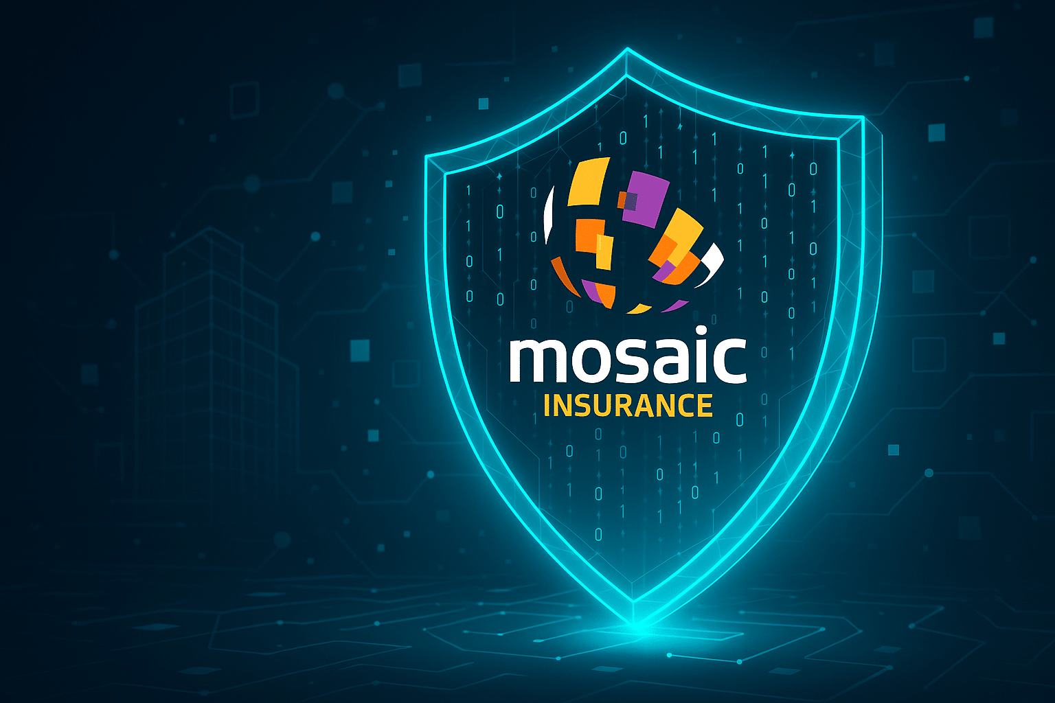 A glowing cyber shield featuring the Mosaic Insurance logo, symbolizing cyber and financial institutions insurance for digital asset protection.