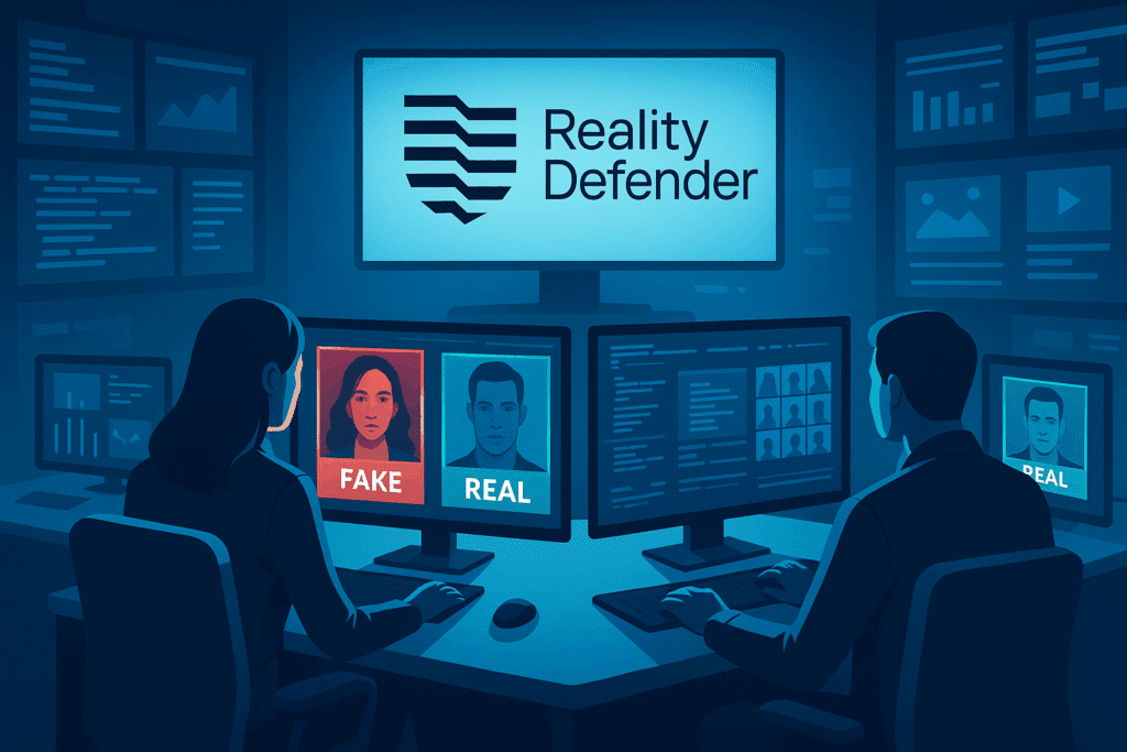 AI detection lab scene showing Reality Defender logo on a digital screen, with cybersecurity analysts reviewing fake vs real media using deepfake detection software in a high-tech control room environment.