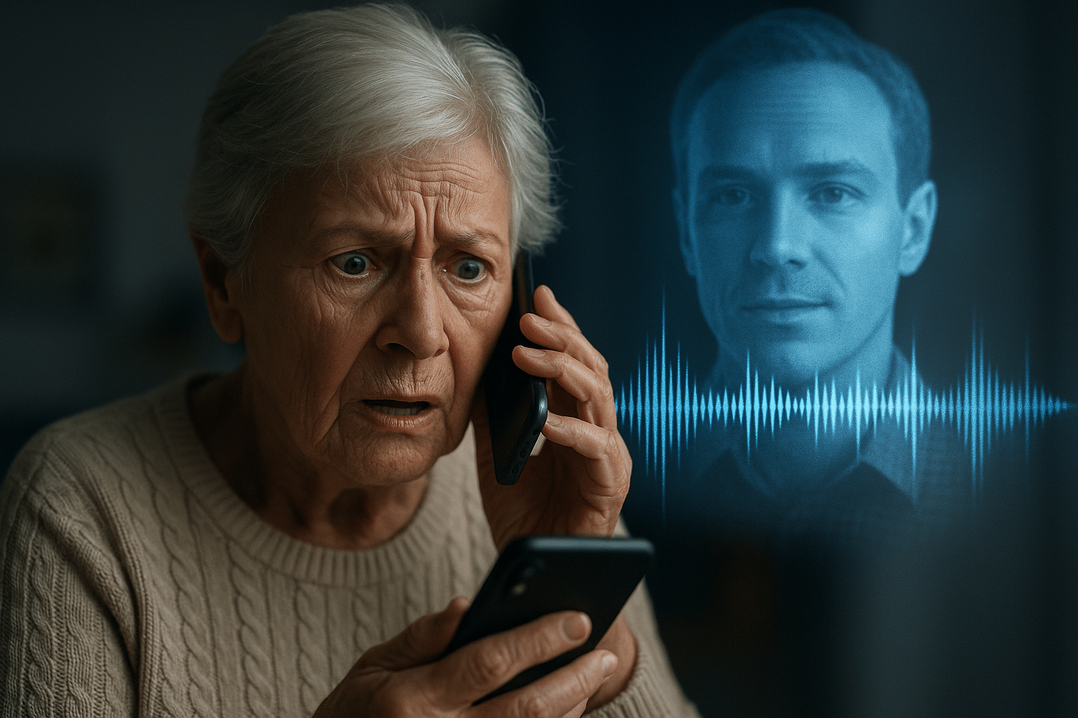 Elderly woman with white hair looking alarmed while holding a smartphone to her ear, with a translucent AI-generated male face and blue voice waveform in the background, symbolizing a deepfake scam call. Cyber scams targeting the elderly are on the rise.