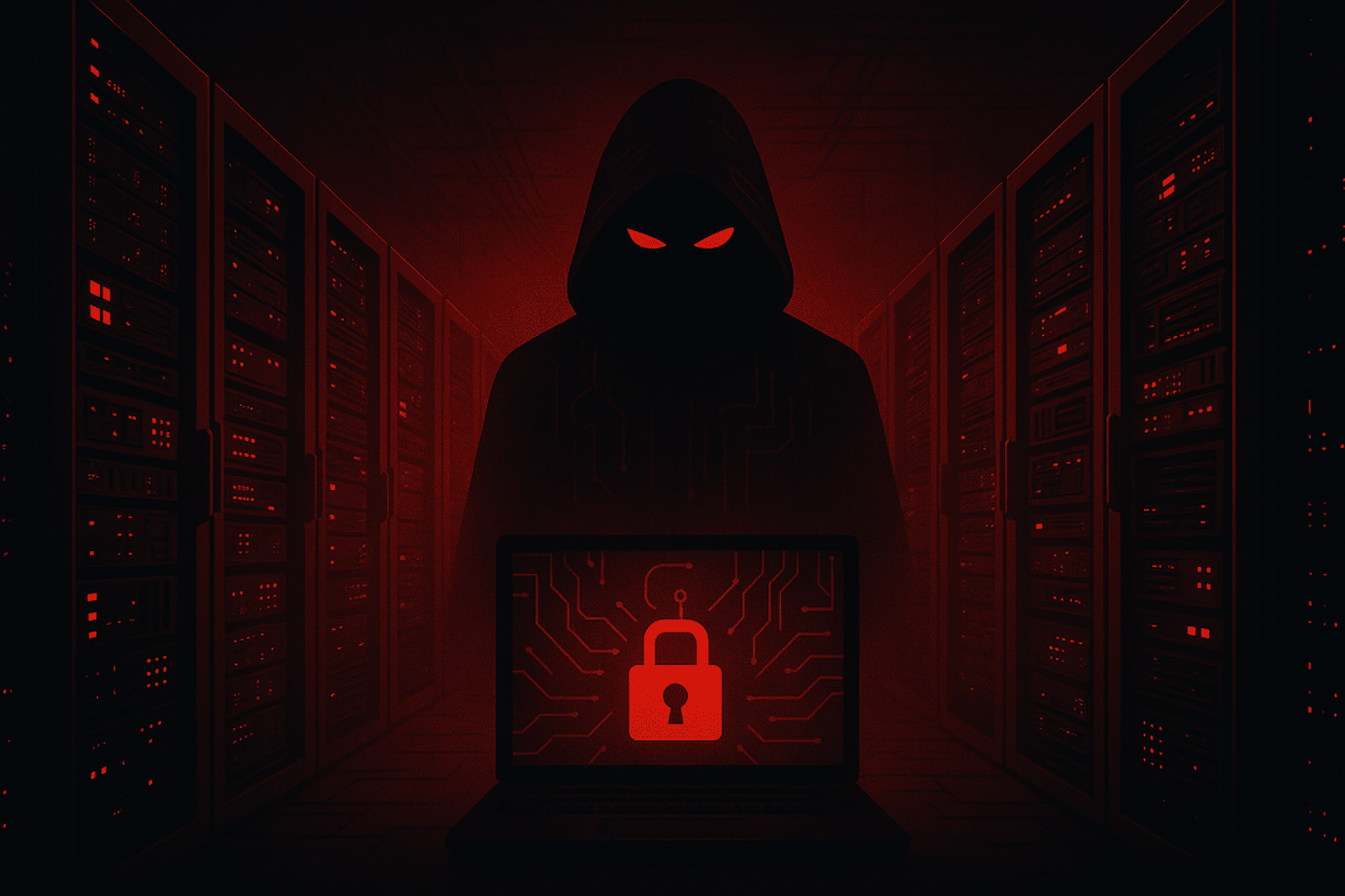 Digital illustration of a dark server room with a red glow and a shadowy hooded figure symbolizing a cybercriminal, highlighting the threat of ransomware payments and digital extortion.