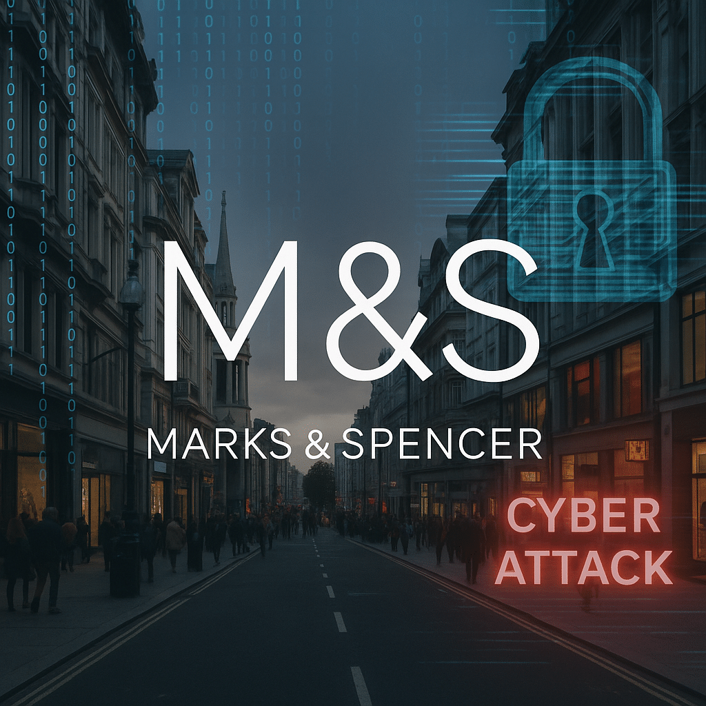 Digital composite image featuring the Marks & Spencer (M&S) logo over a London retail street scene, with cybersecurity imagery including binary code, a digital padlock, and the words 'CYBER ATTACK' in red. Keywords: M&S, Marks and Spencer, London, cyber attack, cybersecurity, digital threat, retail security, cyber insurance, cyber resilience.