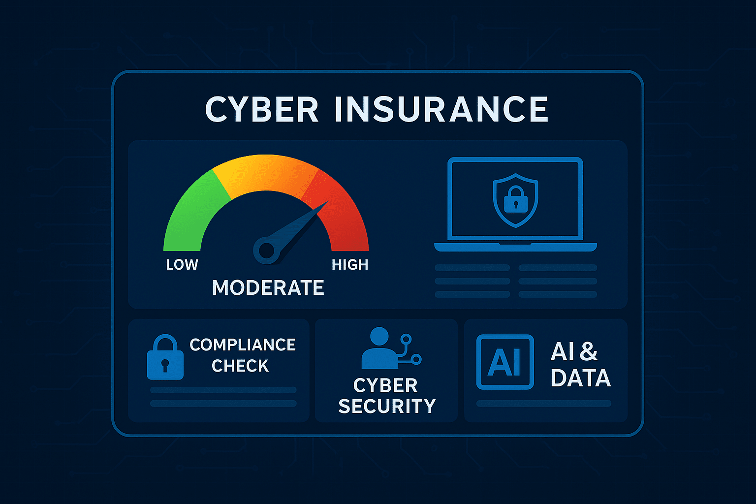 Cyber insurance risk dashboard featuring compliance checks, cybersecurity metrics, and AI data insights, related to CAI's new risk assessment tool.