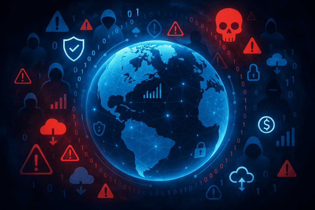 Digital illustration of the global cyber insurance market showing Earth surrounded by cyber threat icons, including ransomware, business email compromise, and funds transfer fraud, symbolizing risks to the digital economy and insurance landscape.