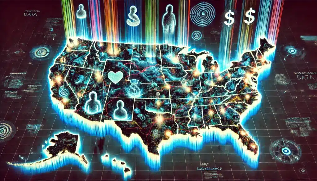 "A high-tech topographic map of the United States showing glowing data streams and digital icons like user profiles, dollar signs, and hearts rising from cities and rural areas, representing nationwide surveillance, cyber breaches, and personal data extraction by drug cartels and state-backed hackers. The idea is this represents ubiquitous technical surveillance (UTS) in our society and its impact on your personal cybersecurity .