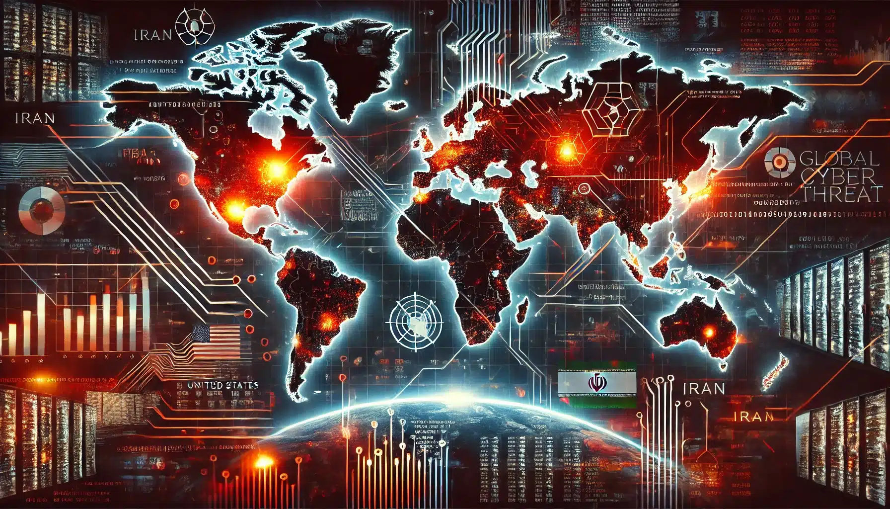A high-tech digital illustration showing a world map with red and orange cyber threat indicators over Iran and the United States. Abstract elements like circuit lines, binary code, and network nodes suggest hacking activity. The image reflects the global cybersecurity threat posed by Iranian hackers, as warned by the Cybersecurity and Infrastructure Security Agency (CISA).