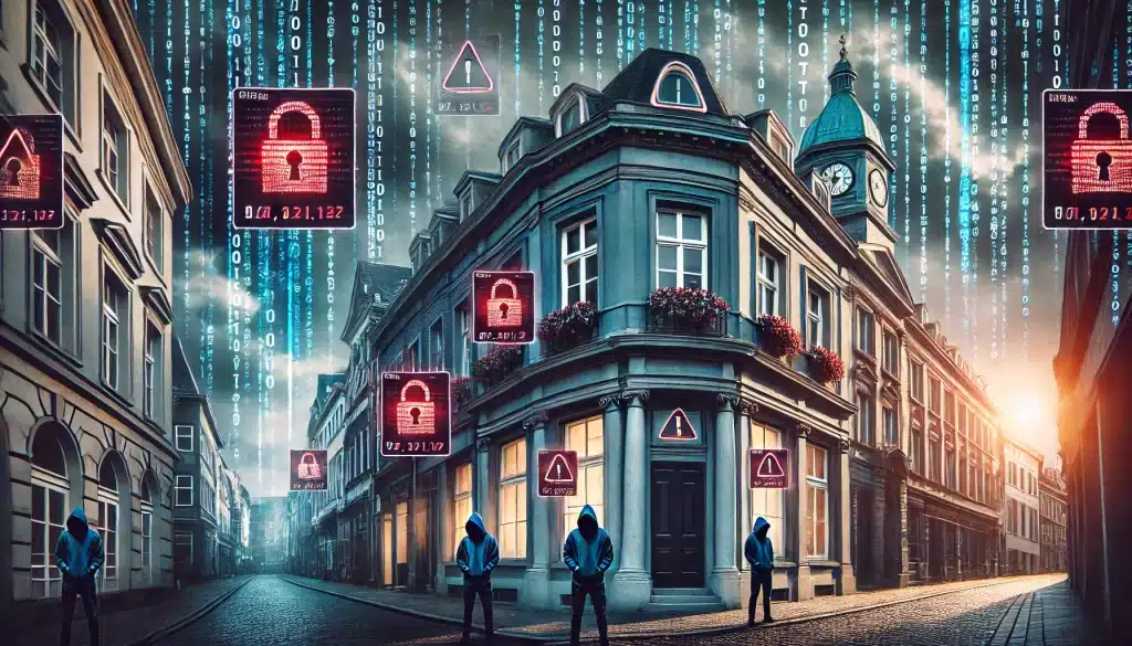 A dramatic digital illustration showing classical European buildings—banks, shops, and offices—under cyber attack, symbolizing cybersecurity threats in Europe and the EU. A stormy sky filled with binary code looms above, while hooded hacker figures and red warning icons highlight the need for strong cybersecurity and cyber insurance measures across the EU.