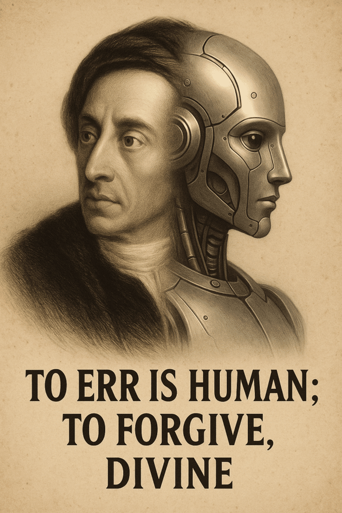Digital illustration of Alexander Pope morphing into a futuristic AI robot, symbolizing the intersection of artificial intelligence, human error, and data security; includes quote 'To Err is Human; To Forgive, Divine' emphasizing AI ethics and governance concerns.