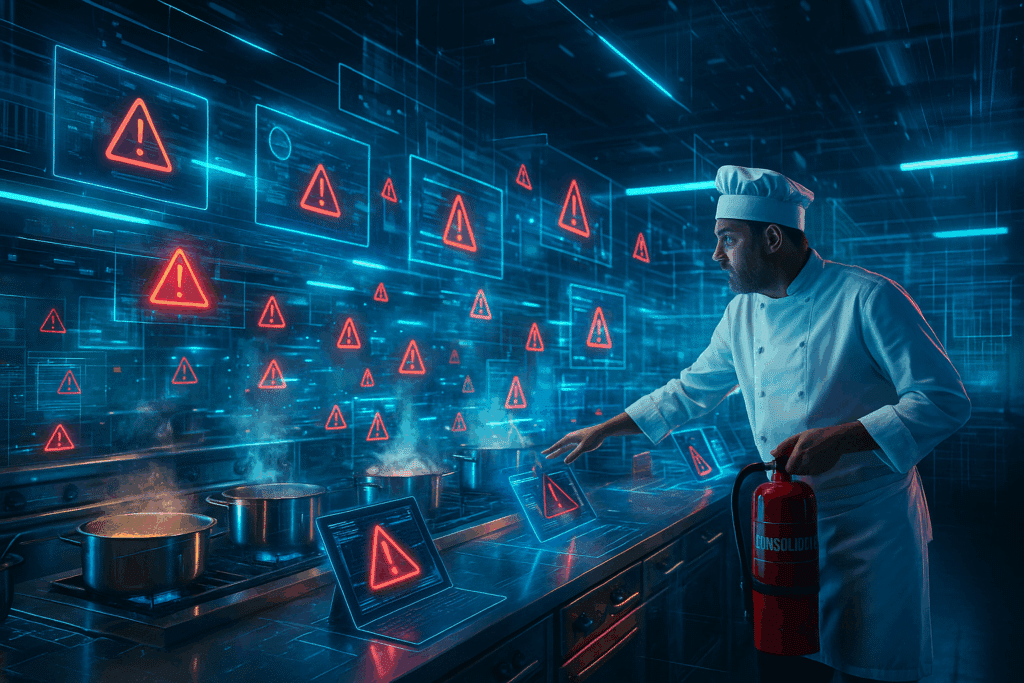 Boiling pots and red warnings overwhelm a chef, illustrating cybersecurity overload for MSPs and the need for consolidation.