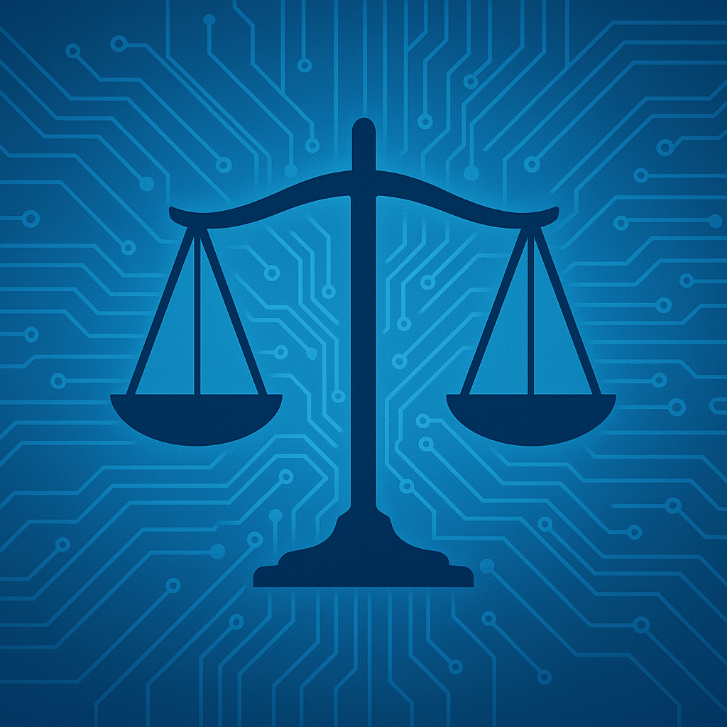 Law firm cybersecurity and incident response symbol: scales of justice over a blue circuit board background, minimal design.